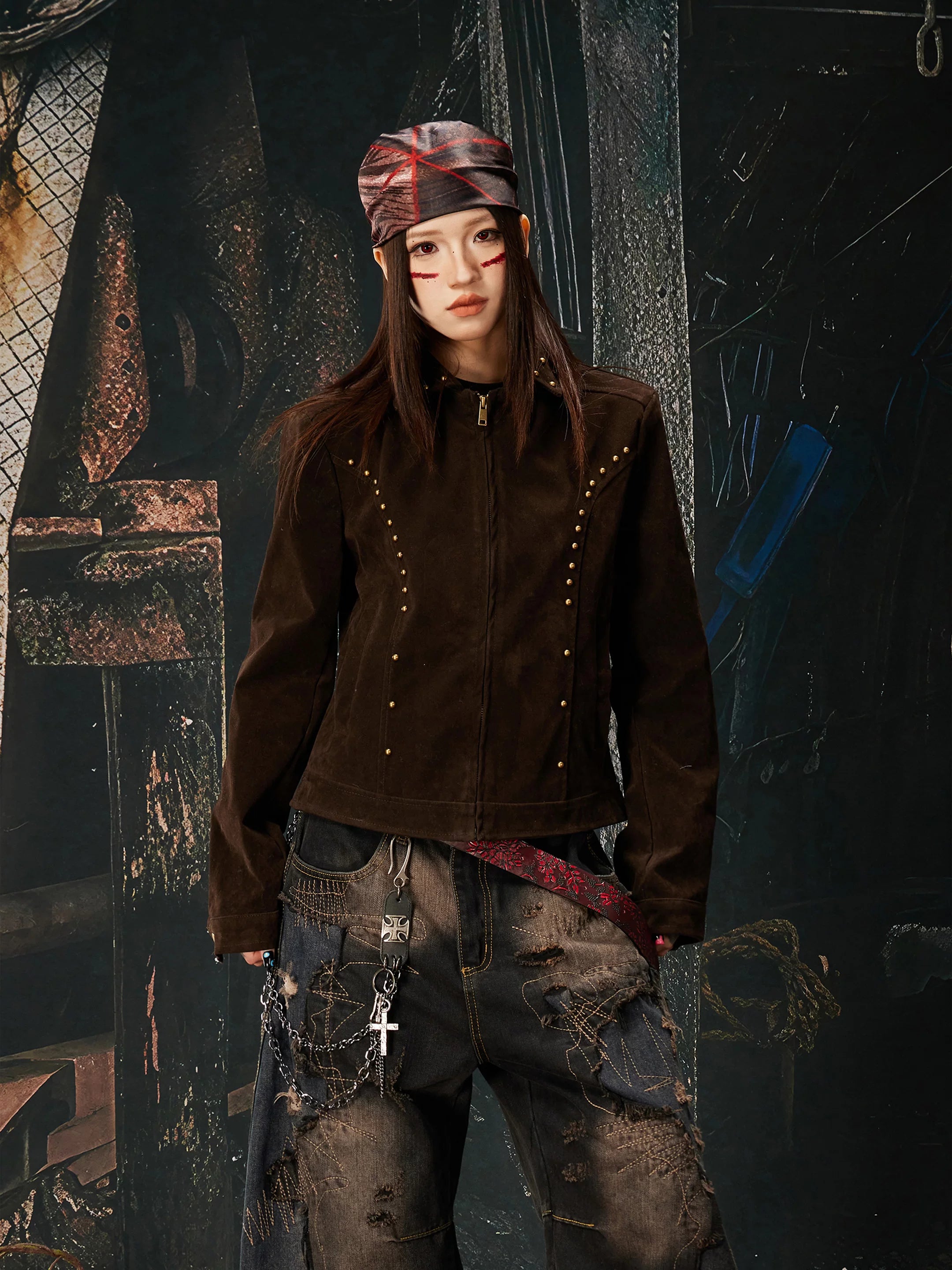 NOMANIAI Fleece Vintage Slim-fit Rivet Stand-up Neck Zipper Jacket