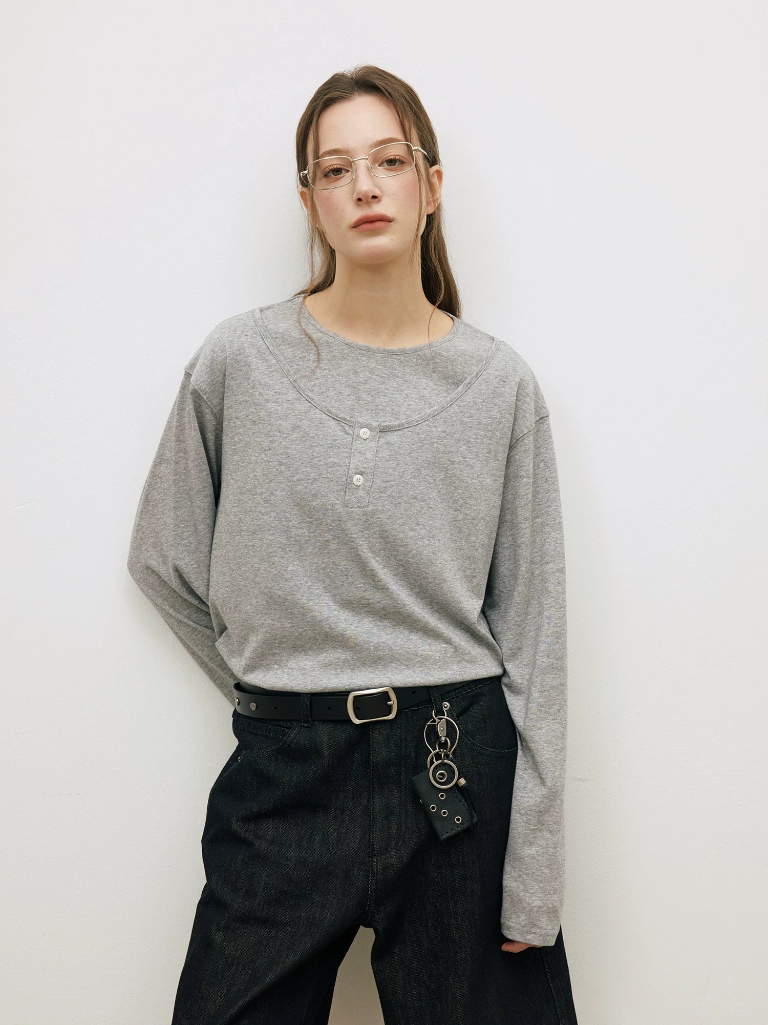 LR Fake Two-piece Double-layer Round Neck Long Sleeve
