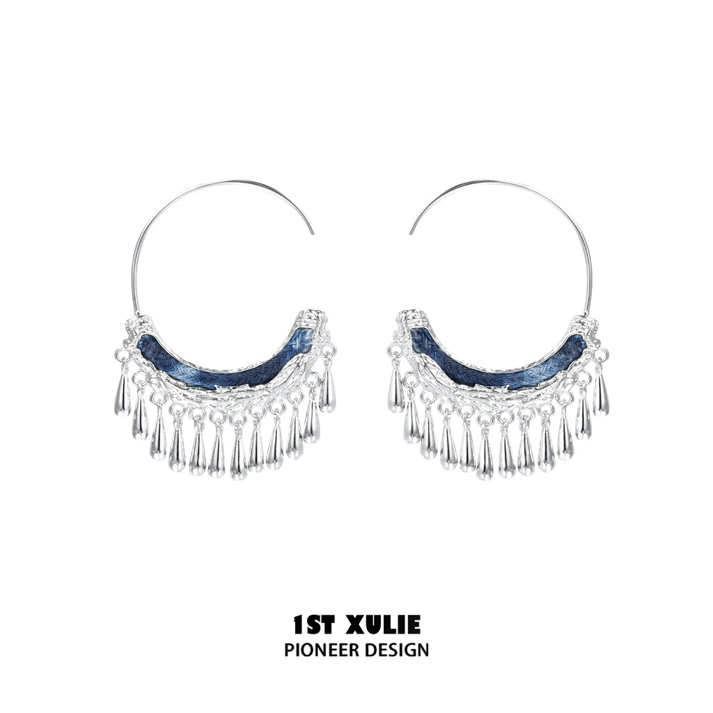 1ST XULIE Silver Miao Tassel Hoop Earrings