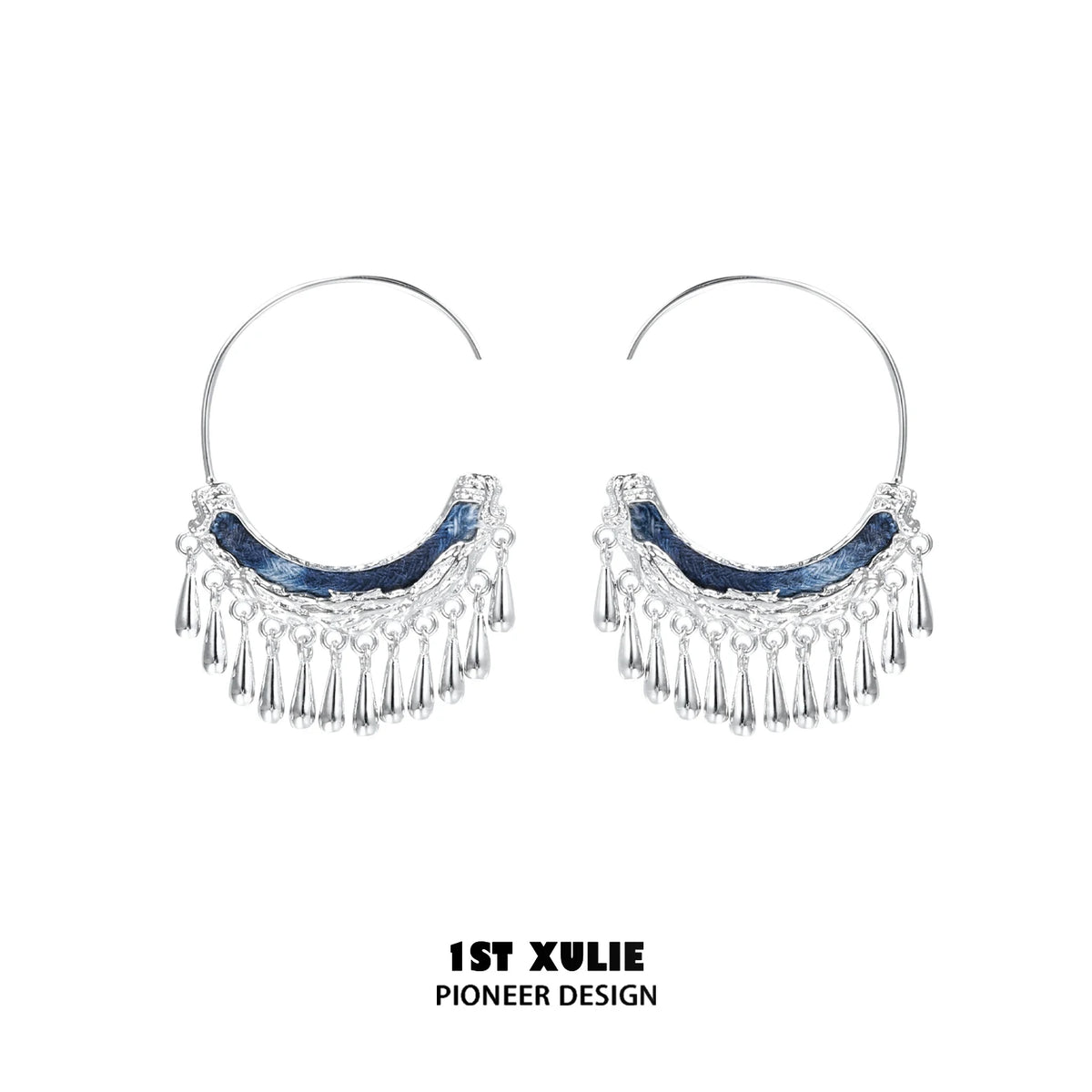 1ST XULIE Silver Miao Tassel Hoop Earrings