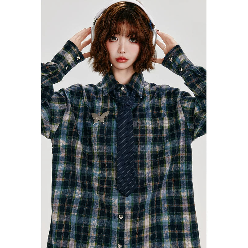 Girlyhalo Vintage Plaid Long Sleeve Shirt