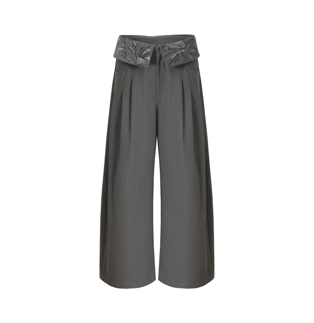 LOUMUTAKU Floral-embroidered Loose-fitting Wide-leg Suit Pants