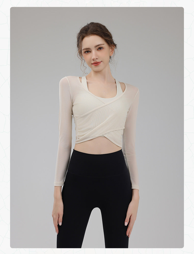 TIANQINGSE Mesh Real Two-piece Sports Long Sleeve with Chest Pad