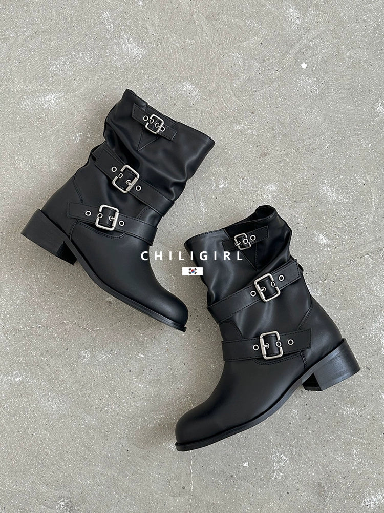 CHILIGIRL Soft Leather Belt Buckle Versatile Coarse Heel Sleeve Boots