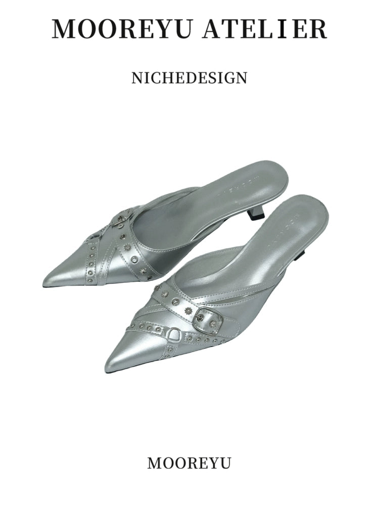 Mooreyu Pointed Leather Bag Head Stilettos