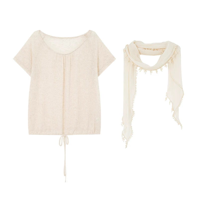 KANO Woven Ribbon Ruffle Scarf Tee Set