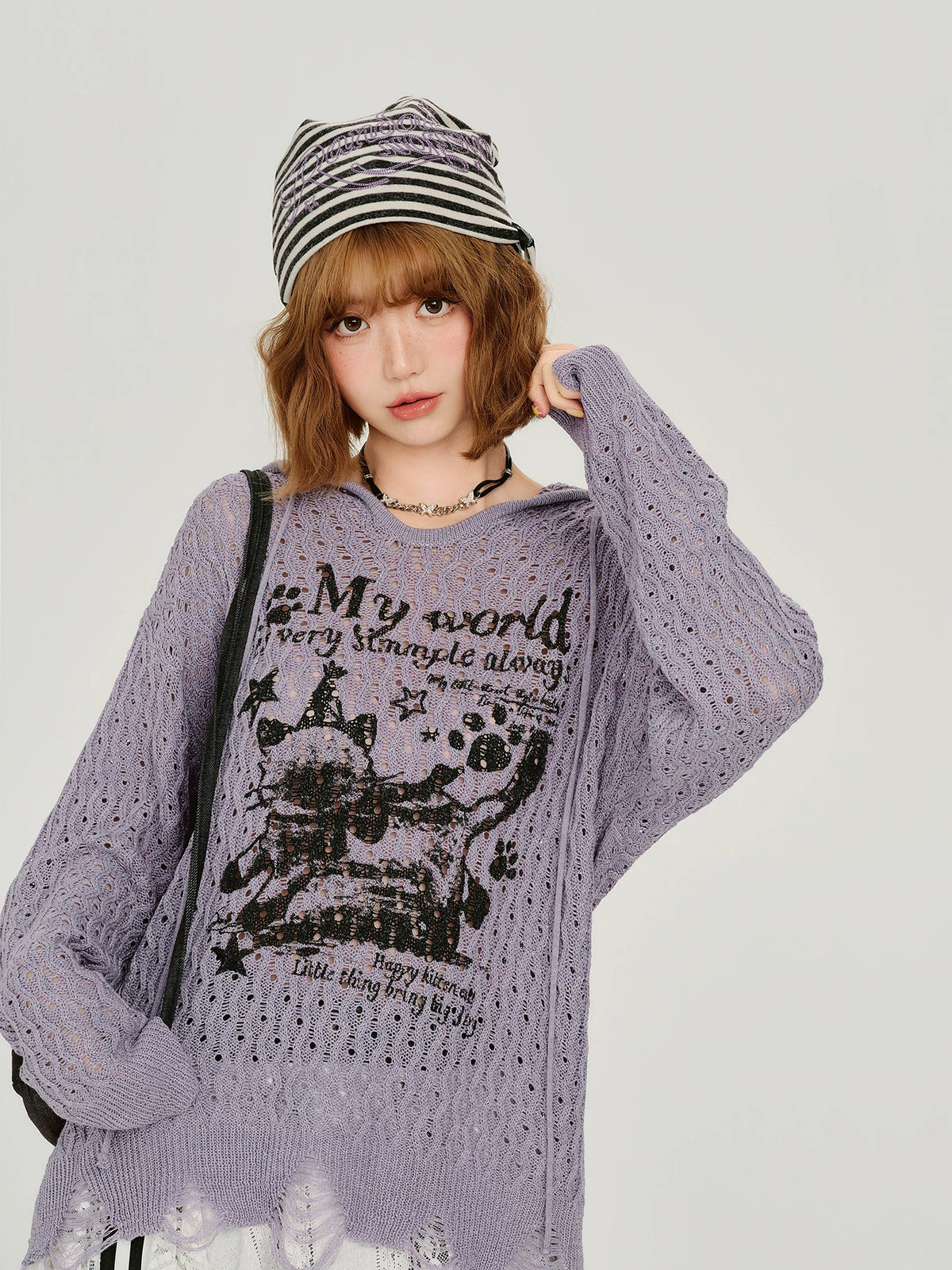 Girlyhalo American Vintage Hooded Print Hollow-Out Sweater