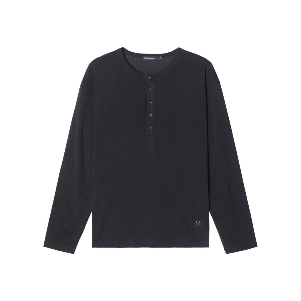 Unvesno Linen Blend Embroidery Relaxed Henley Tee
