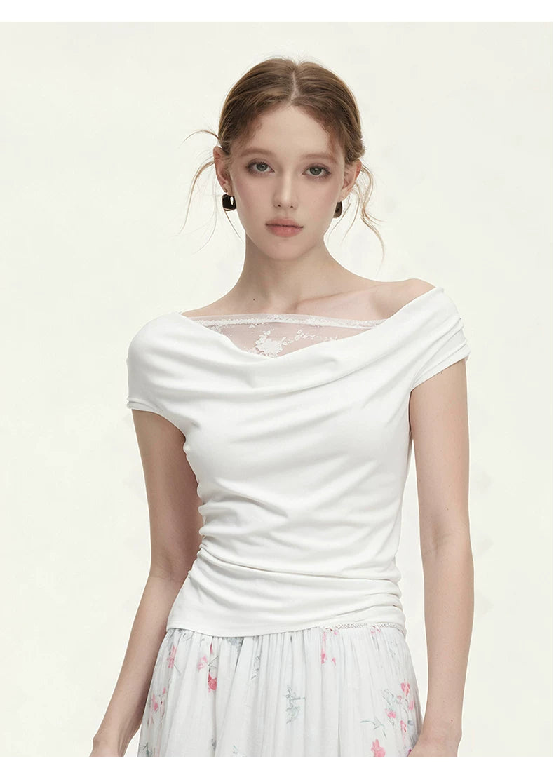 SURE ENOUGH White Lace-Trimmed Off-Shoulder Moisture-Wicking Top