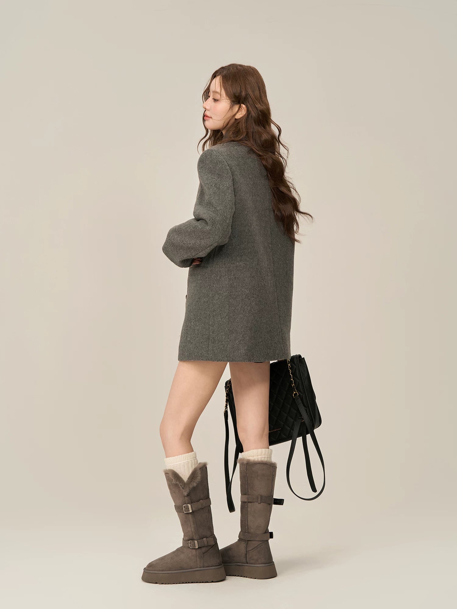 Wildberry Scarf Collar Double-breasted Medium and Long Wool Jacket