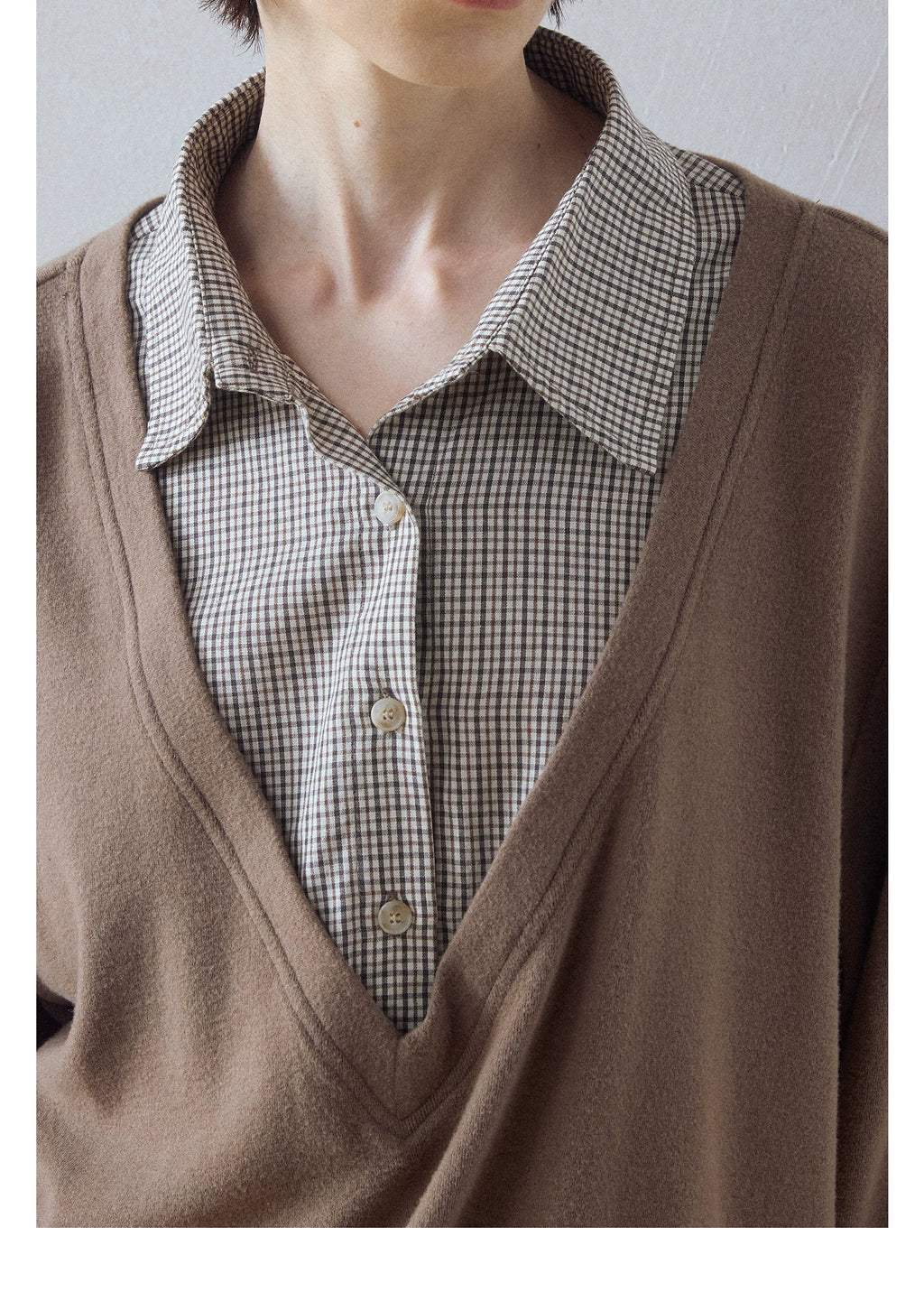 DIMC Plaid Splicing V-neck Fake Two-piece Long Sleeve