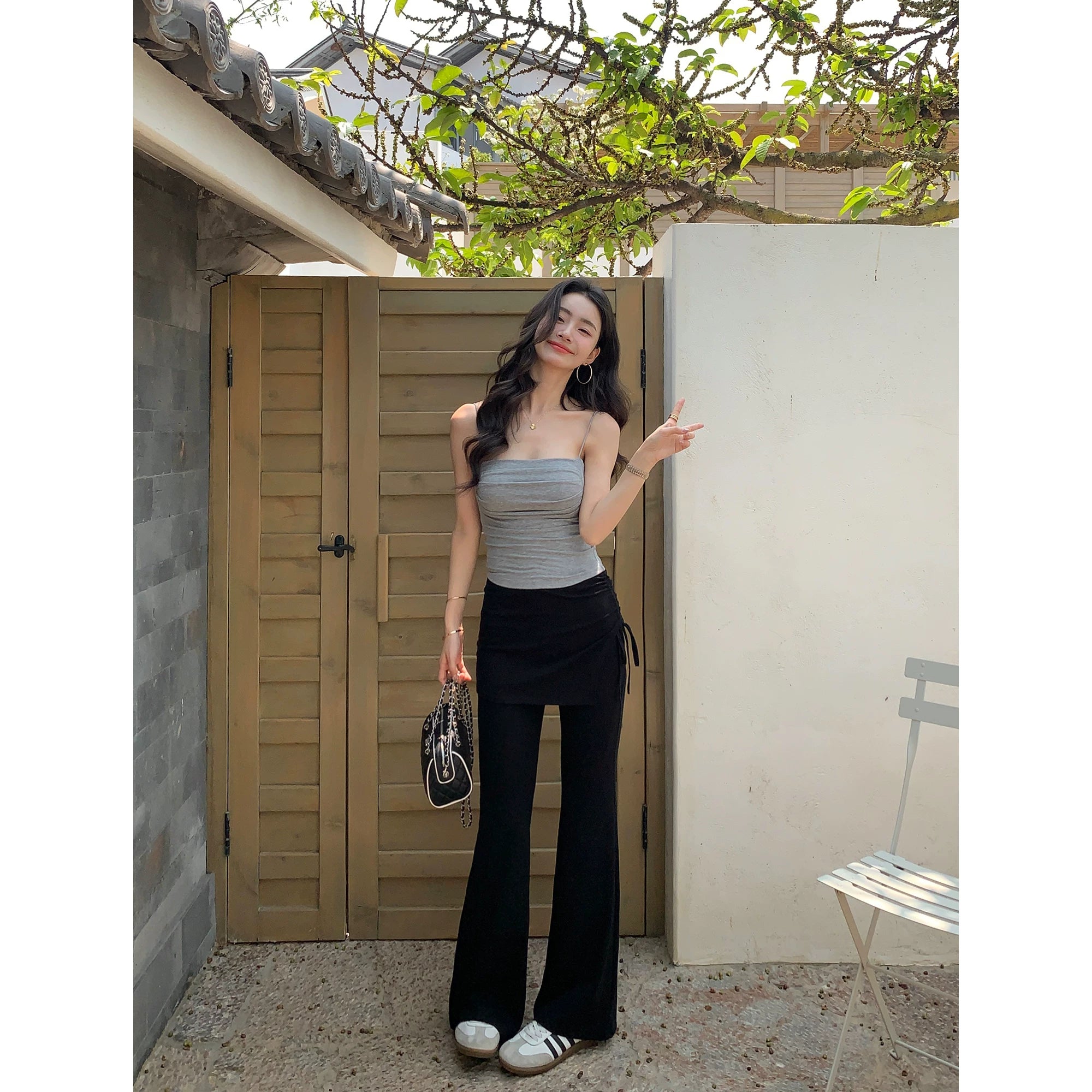 Pusumede Side Drawstring Fake Two-piece Fart Curtain Splicing Casual Pants
