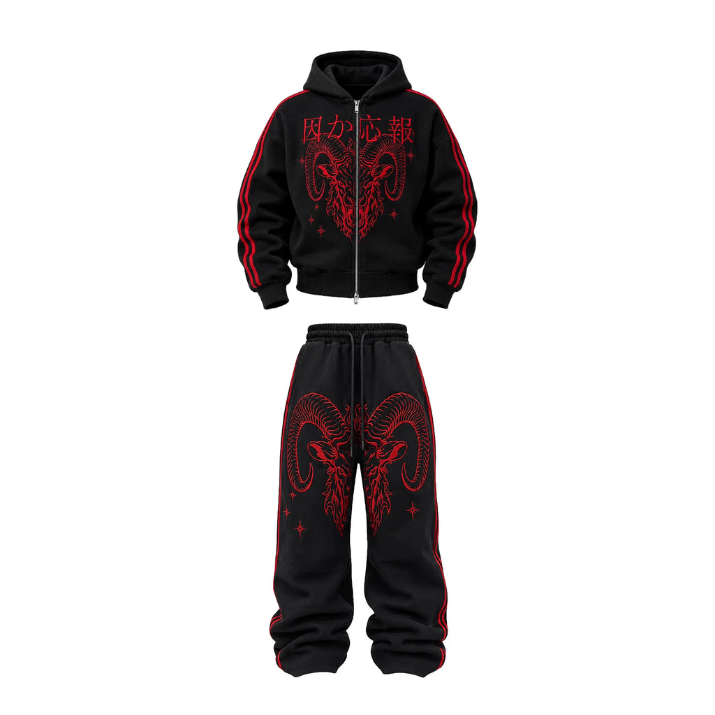 KARMANISTIC American Retro Ram Embroidery Striped Loose Wide-Leg Sweatpants