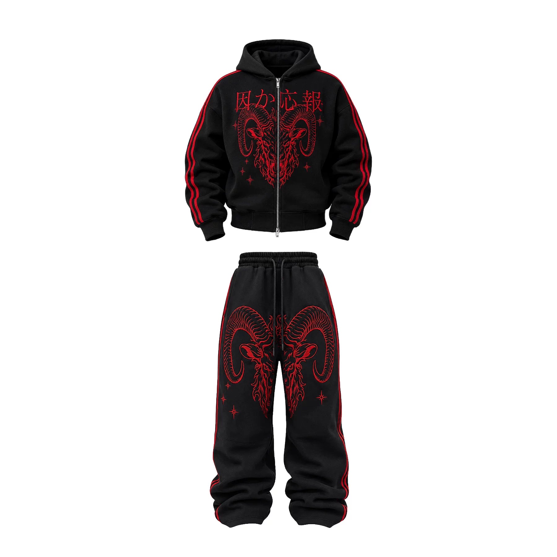 KARMANISTIC American Retro Ram Embroidery Striped Loose Wide-Leg Sweatpants