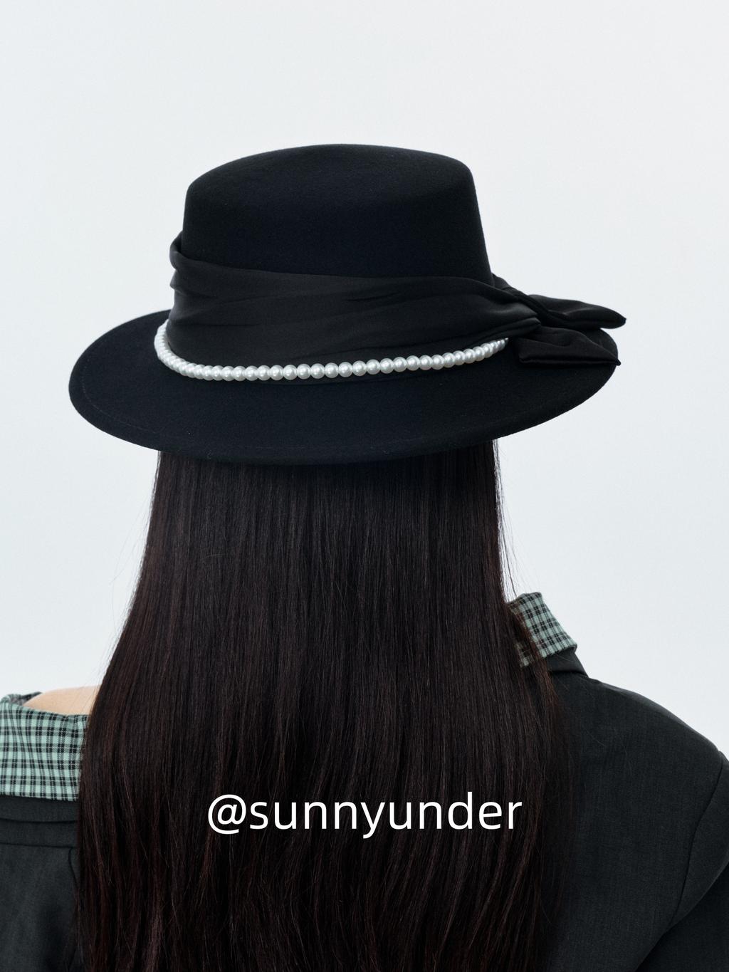 Sunnyunder Elegant Bead Strap Bow Wool Flat Top Hat