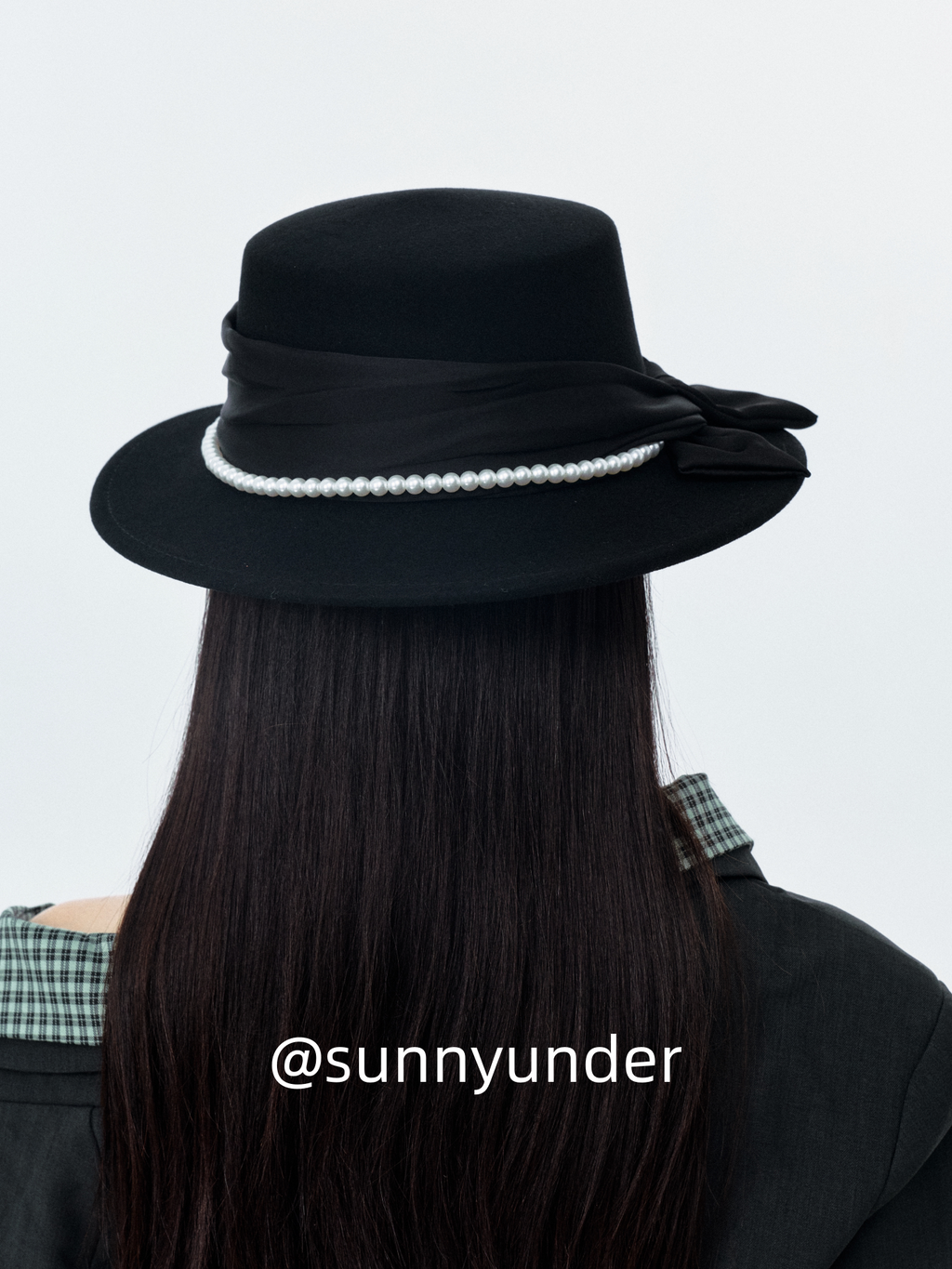 Sunnyunder Elegant Bead Strap Bow Wool Flat Top Hat