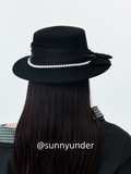 Sunnyunder Elegant Bead Strap Bow Wool Flat Top Hat