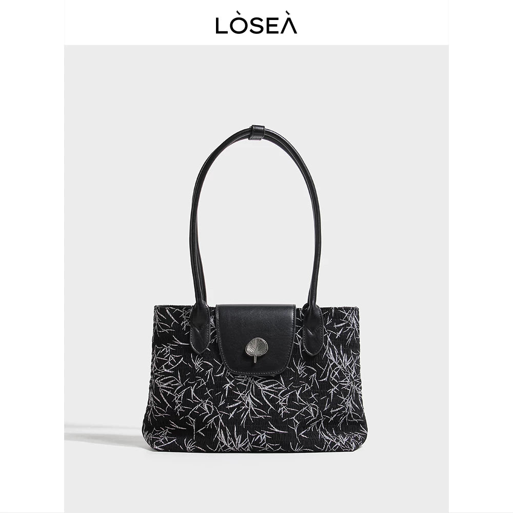 LOSEA Black Faux Leather Bamboo Leaf Underarm Bag - Zip Top