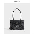LOSEA Black Faux Leather Bamboo Leaf Underarm Bag - Zip Top