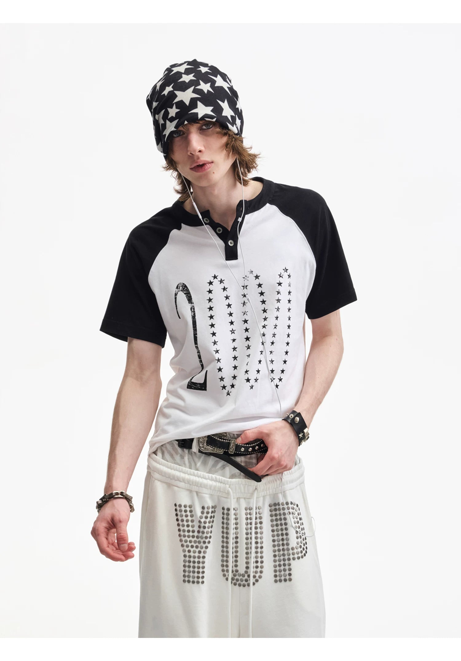 Yemanup Retro Starlight Print Shoulder Sleeve Tee