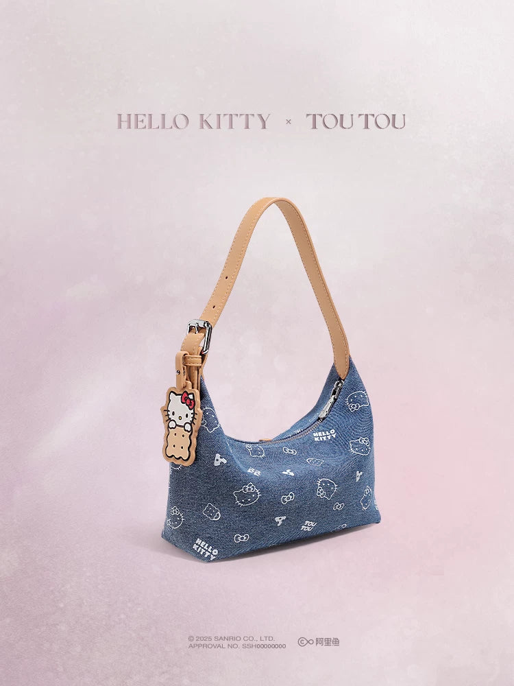TOUTOU Denim Cartoon Print Zip-Top Underarm Bag