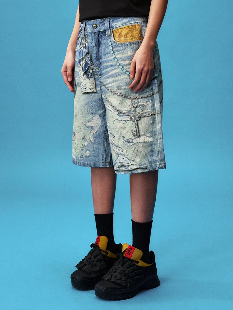 YADcrew Plaid Chain Print Mid-Rise Denim Shorts
