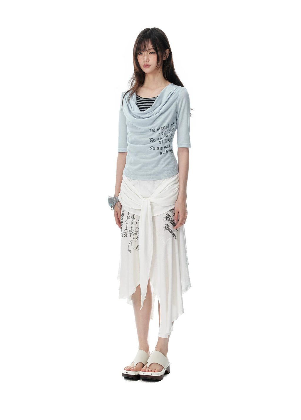 JIKOO Fake Two-piece Striped Splicing Slim Tee
