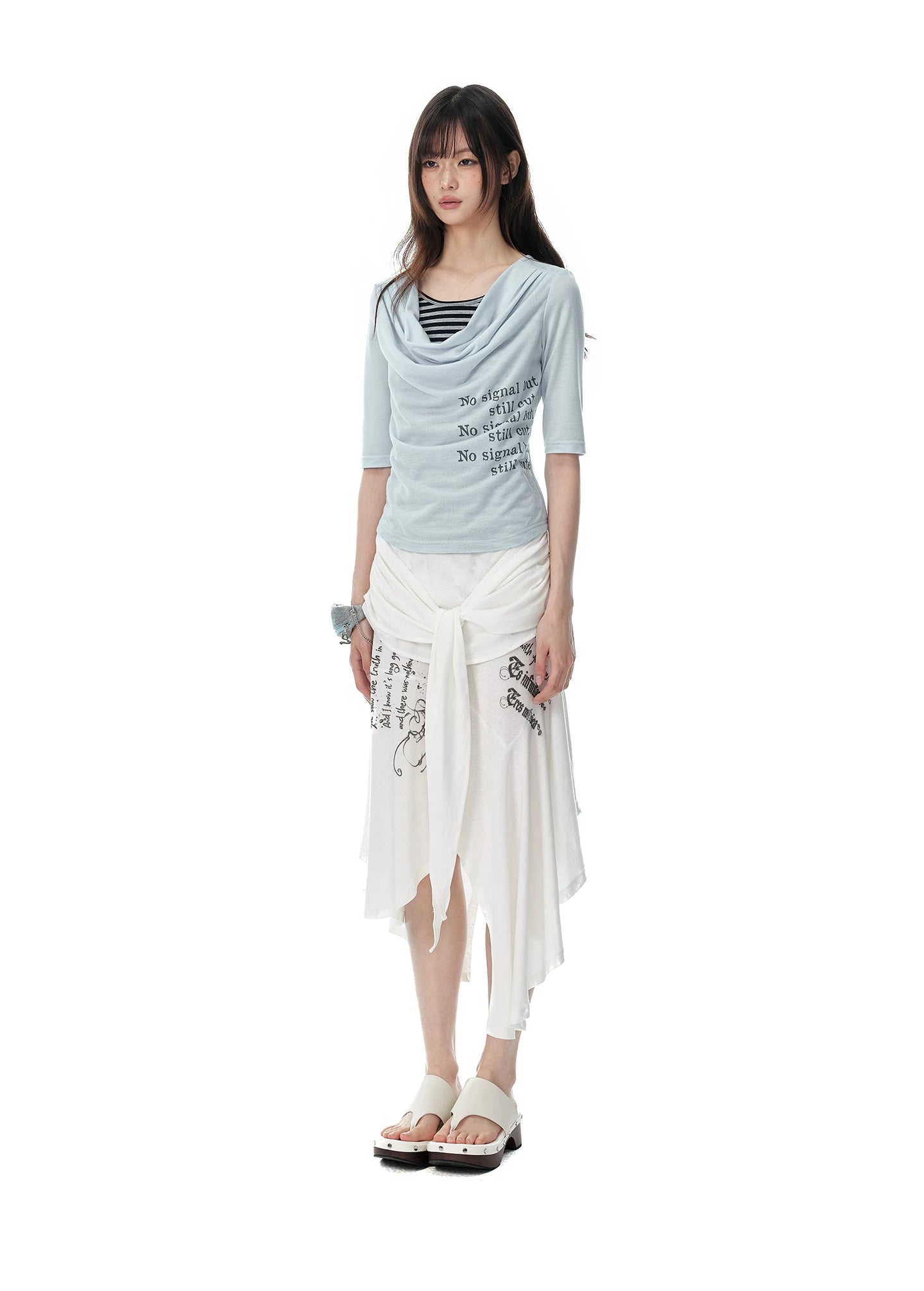 JIKOO Fake Two-piece Striped Splicing Slim Tee