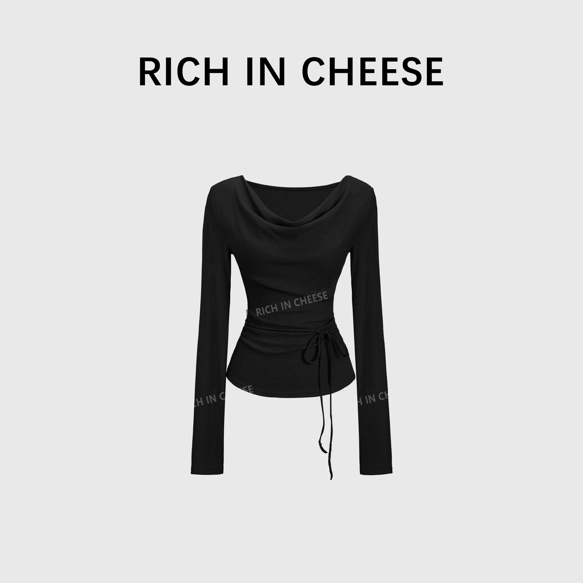 RICH IN CHEESE Pure Desire Swing Neck Knitted Waist Pleated Long Sleeves