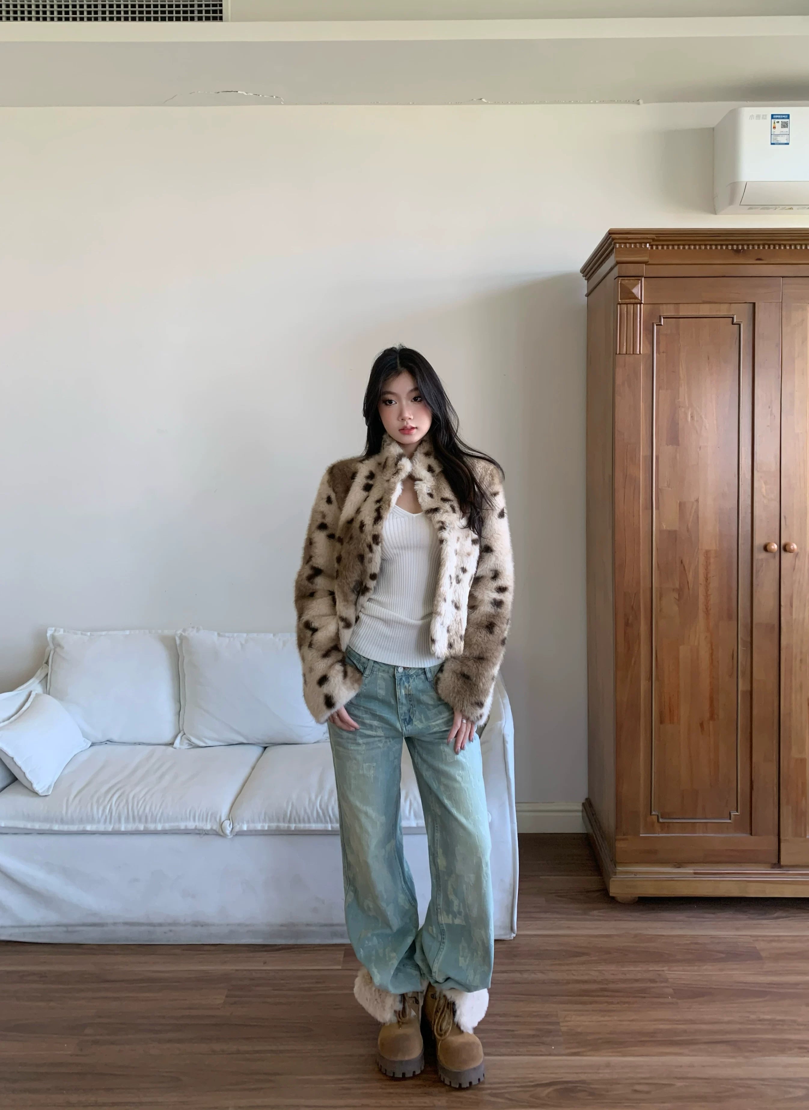 WITHMIN Leopard Print Casual Soft Waxy Lazy Coat