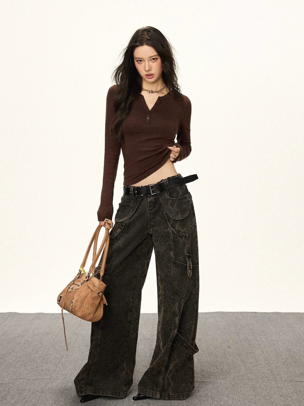 Cherry Melody Cropped Ribbed Henley Long-Sleeve Tee