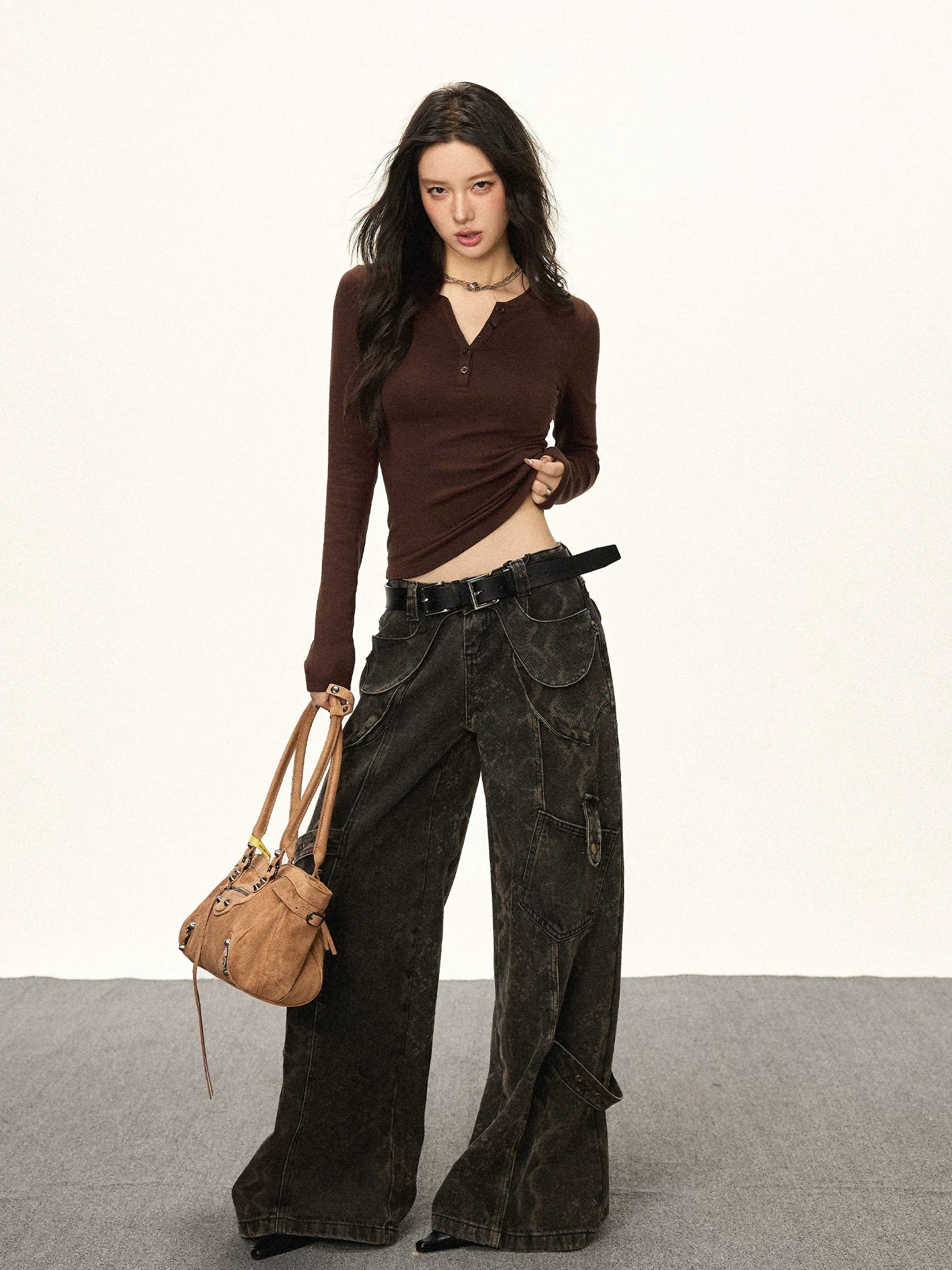 Cherry Melody Cropped Ribbed Henley Long-Sleeve Tee