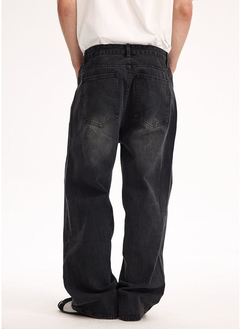 UNF 13.5oz Blockbuster Washed Old Cat Whiskers Baggy Bull Wide Leg Black Jeans