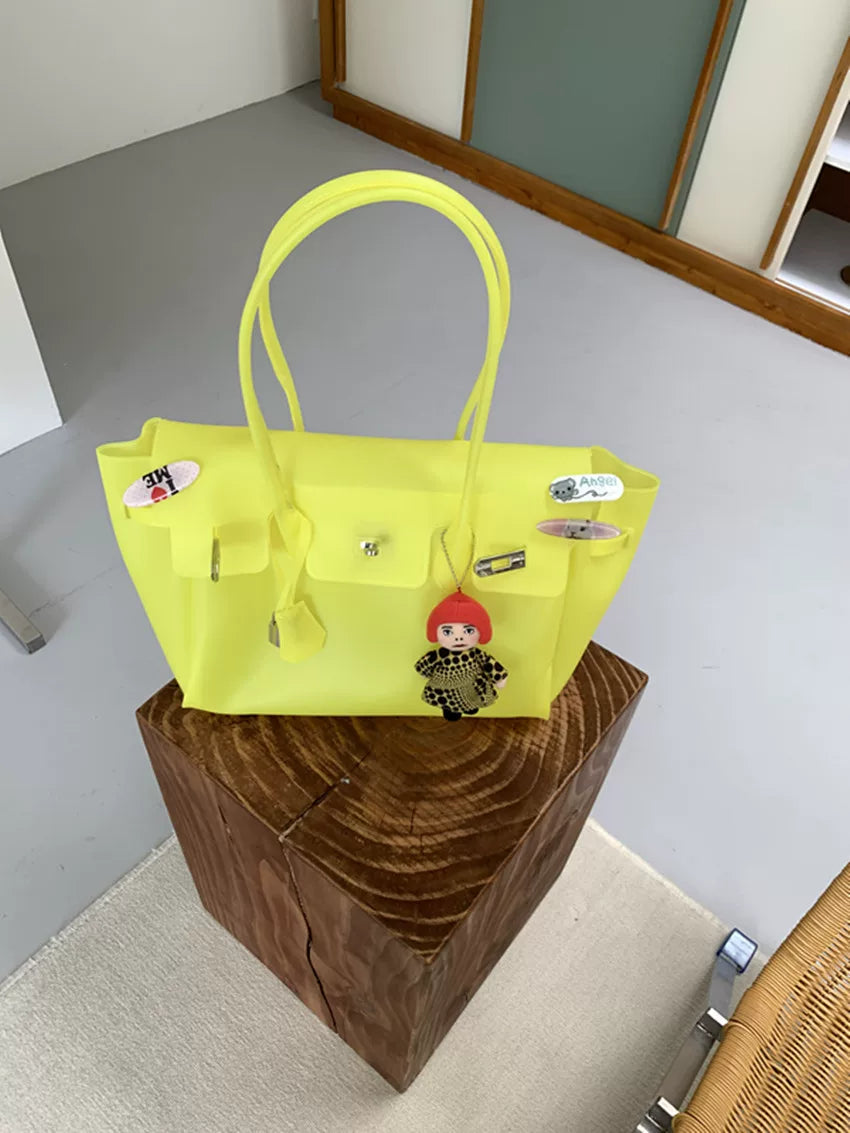 Fat*2 Semi-Transparent Faux Leather Buckle Top-Handle Bag