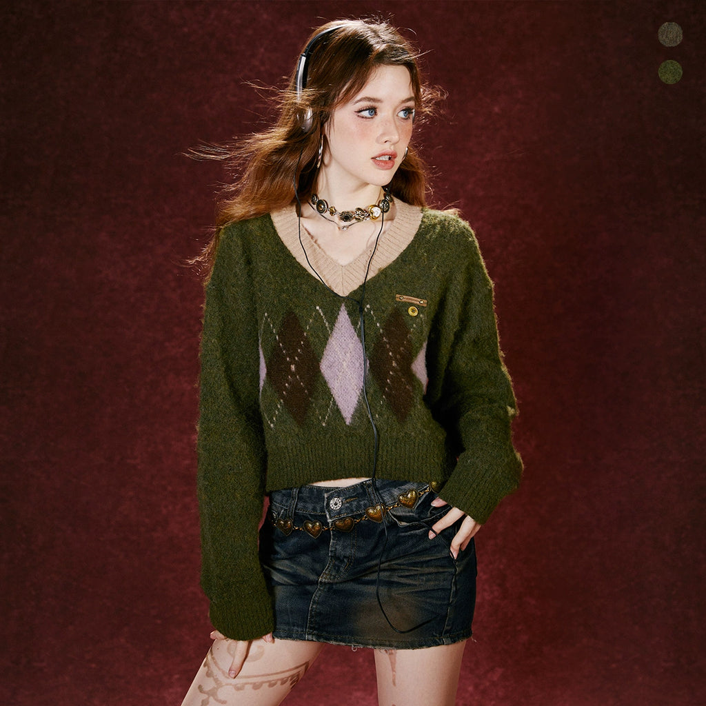 Imone Contrast Rhombus Jacquard Short V-Neck Knitted Sweater