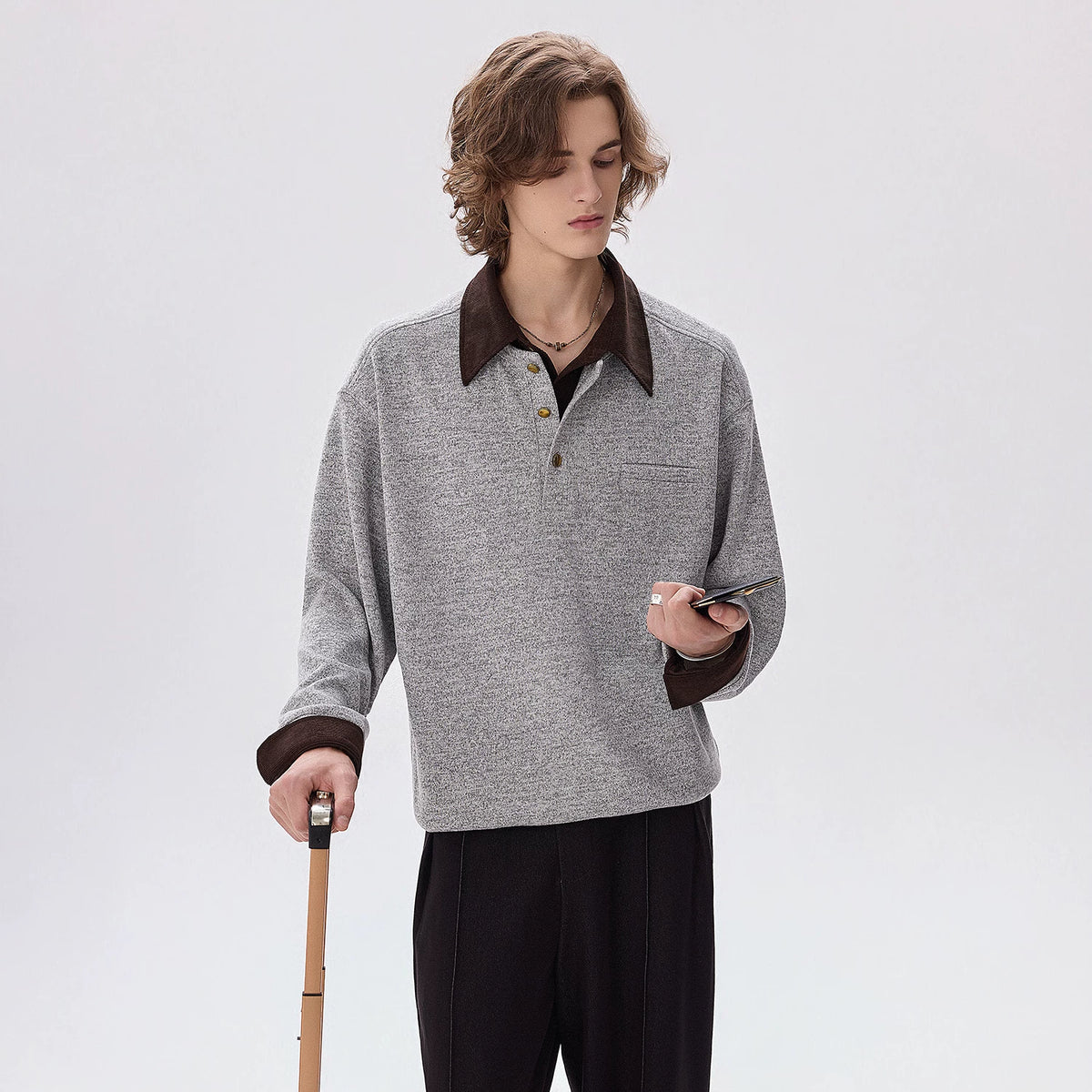 CHOR Color-Block Faux-Layered Polo Collar Long-Sleeve Sweatshirt