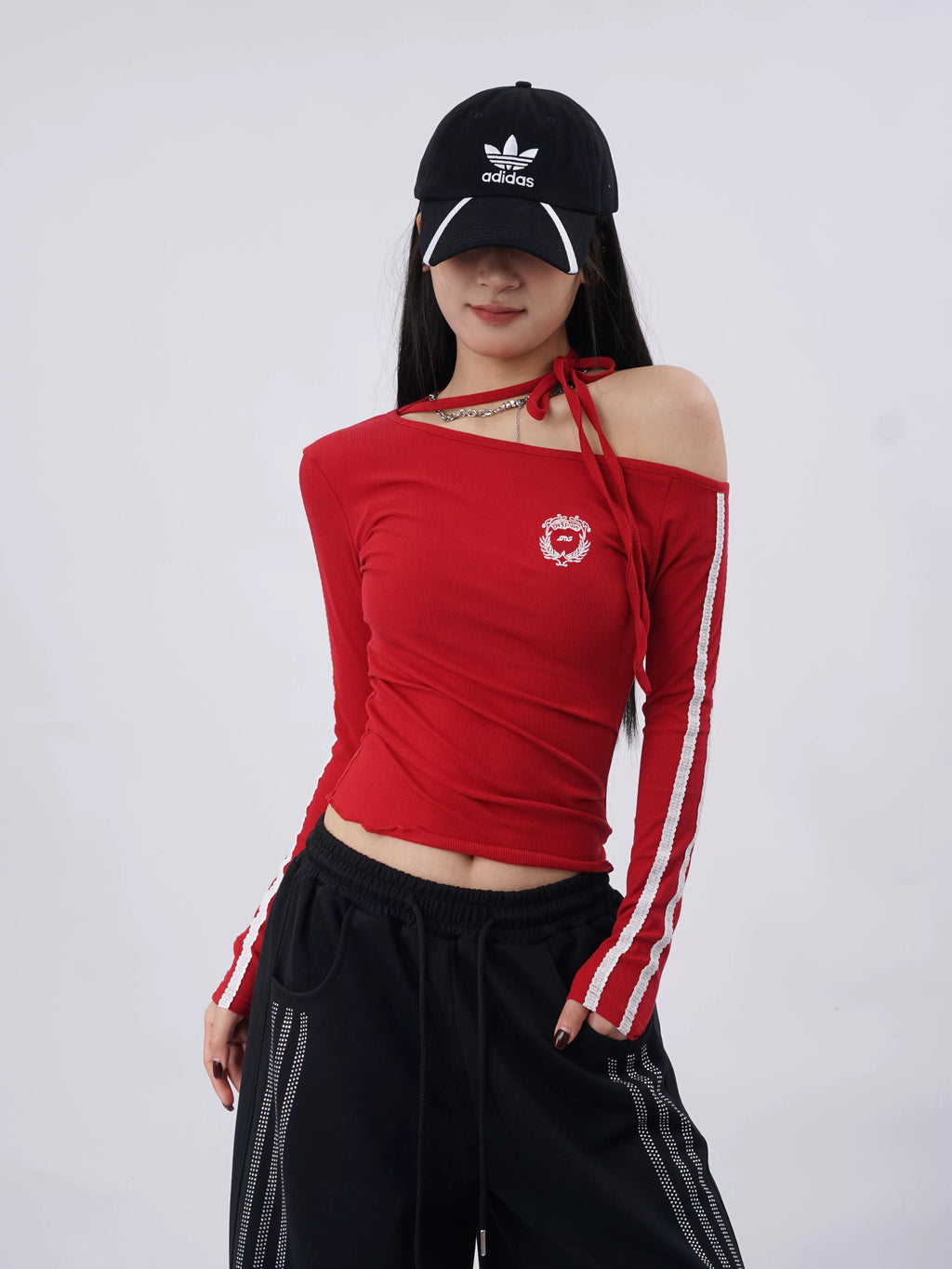 SAMUSAN Slanted Shoulder Striped Strap Long Sleeve