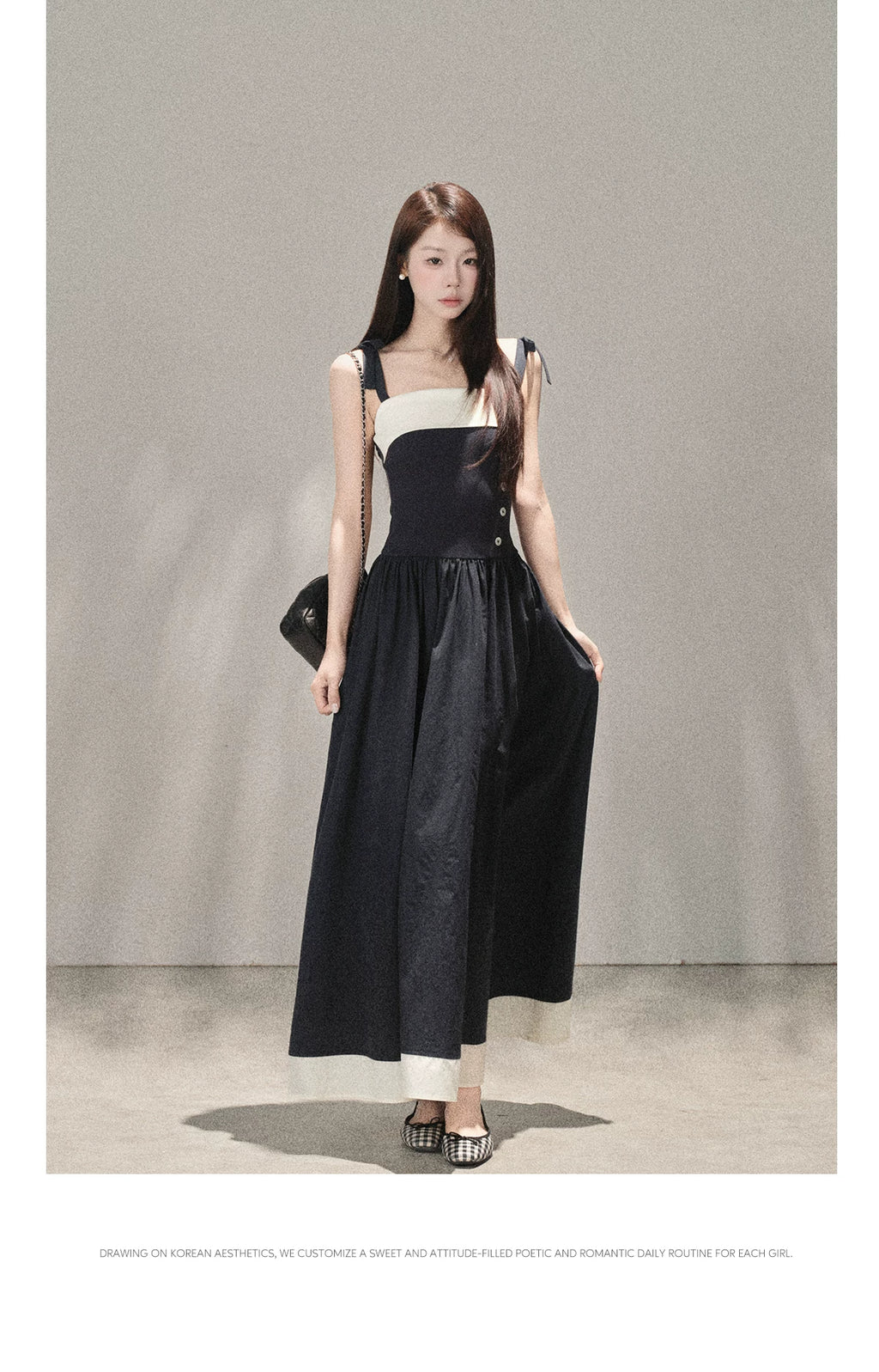Wildberry Korean Style Strappy Dress with Patchwork Design High-Waist Long Dress