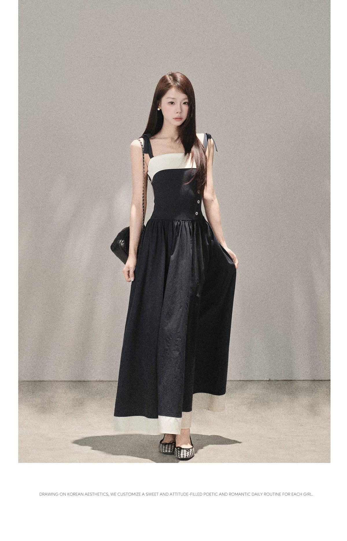 Wildberry Korean Style Strappy Dress with Patchwork Design High-Waist Long Dress