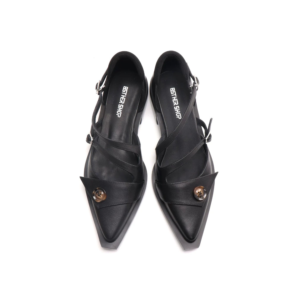 ASTHER Leather Pointed-Toe Button Mary Jane Low-Heel Flat