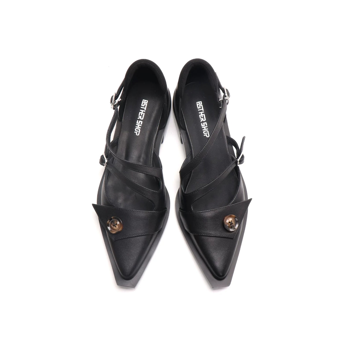 ASTHER Leather Pointed-Toe Button Mary Jane Low-Heel Flat