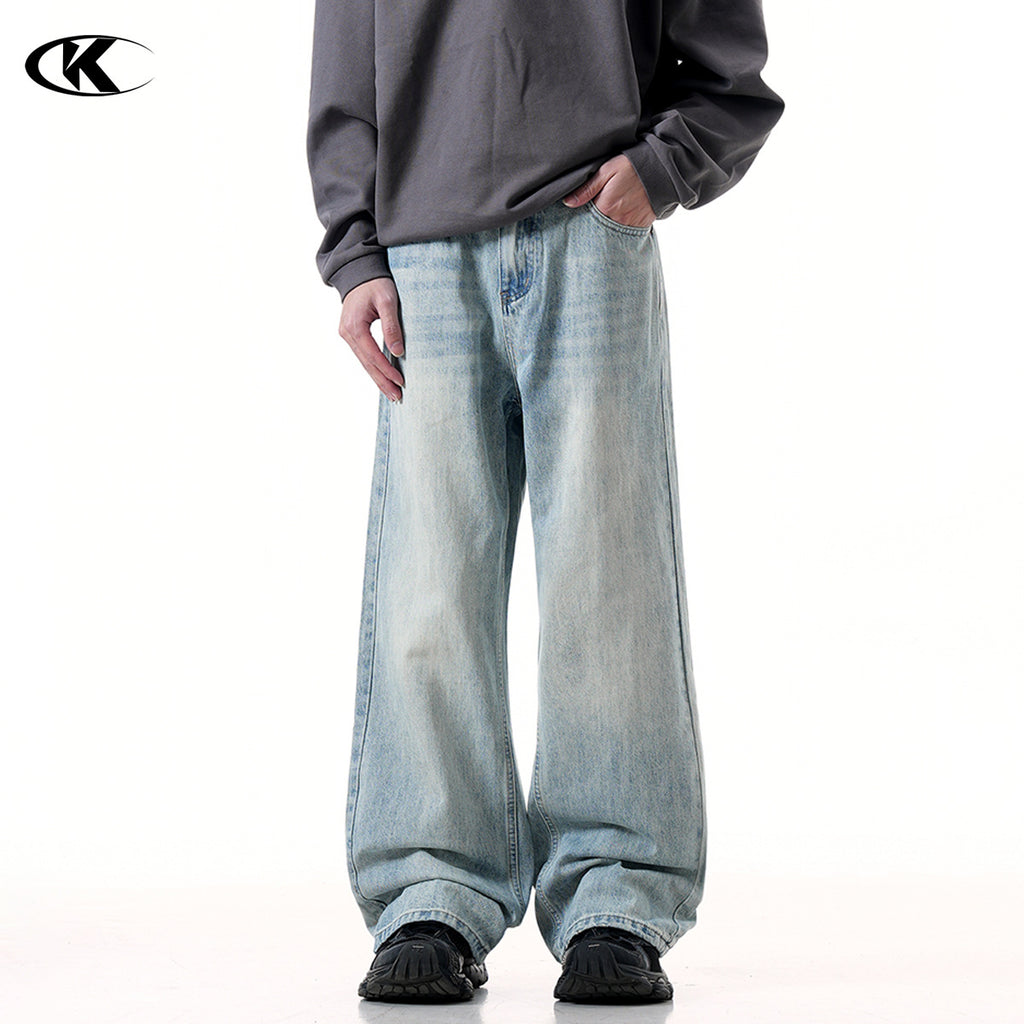 11KN Street Retro Blue Jeans American High Street Distressed Washed Straight Slim Loose Wide-leg Jeans