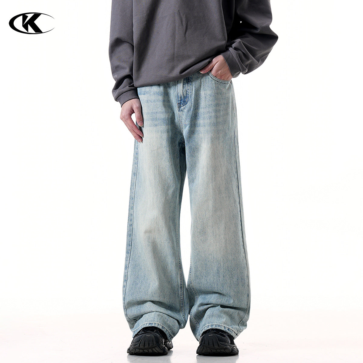 11KN Street Retro Blue Jeans American High Street Distressed Washed Straight Slim Loose Wide-leg Jeans