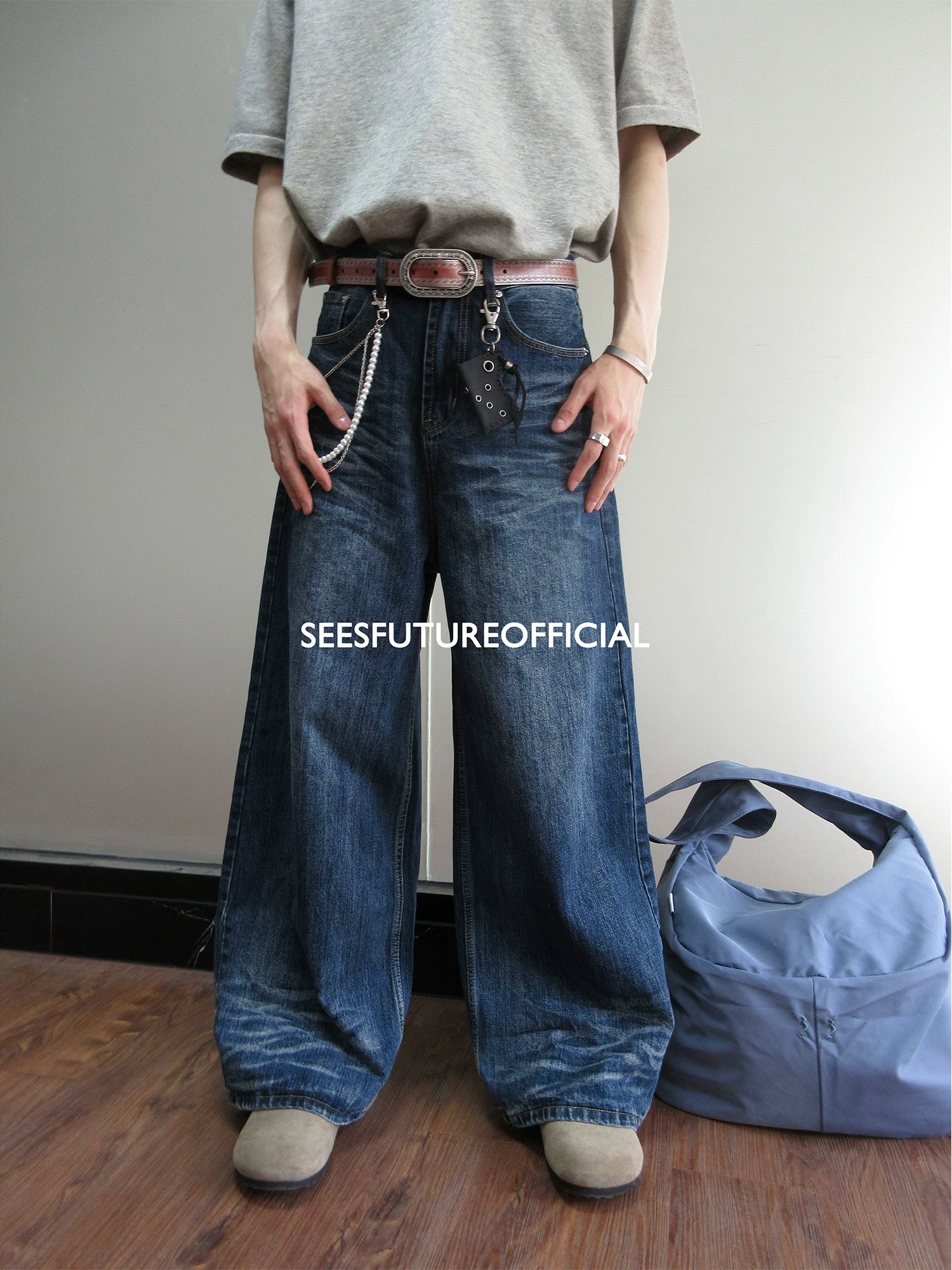 Seesfuture Water Ripple Straight Loose Jeans