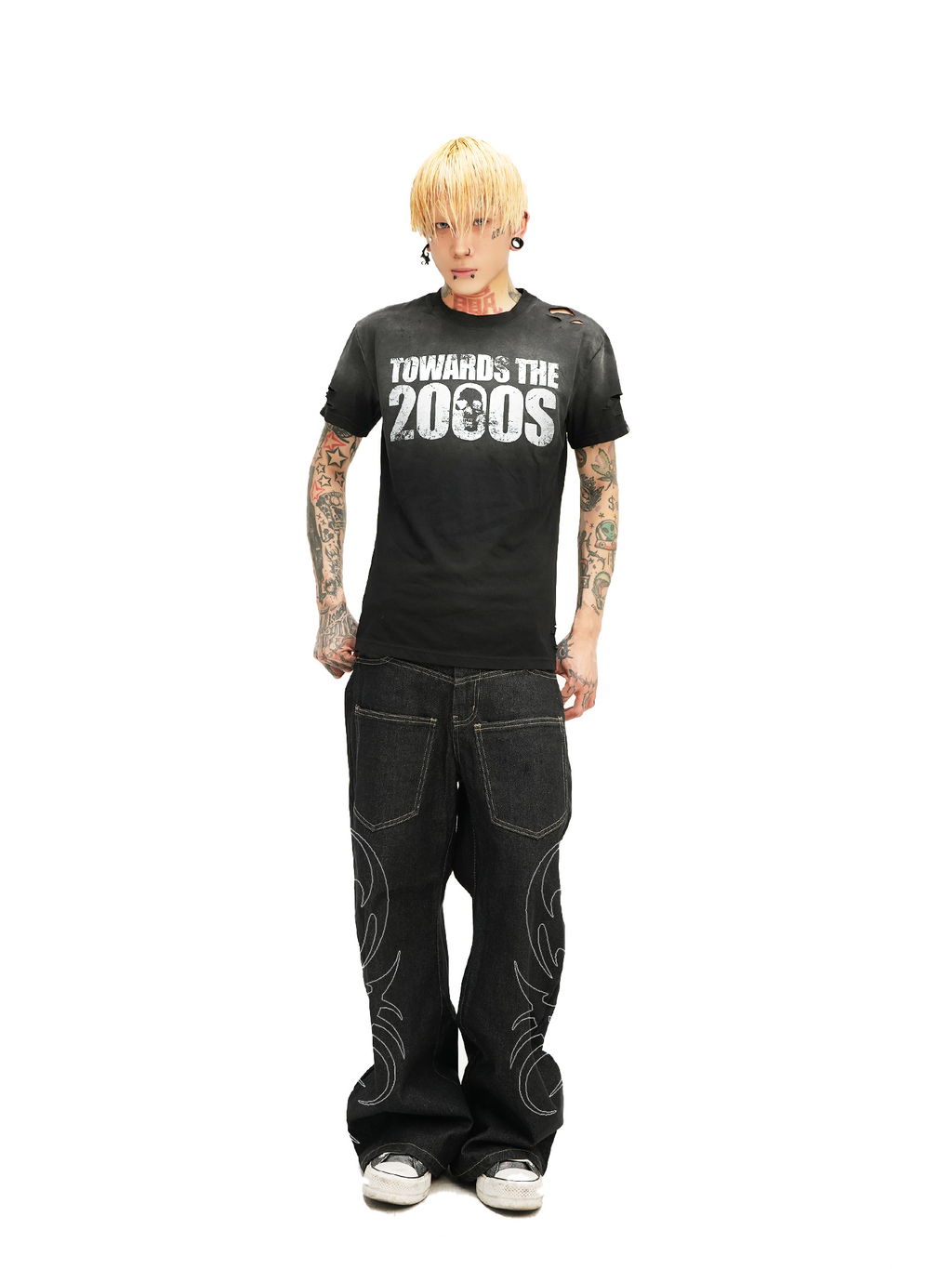 DETW 25ss * "2000S" washing destruction slogan front shoulder slim short sleeve Tee