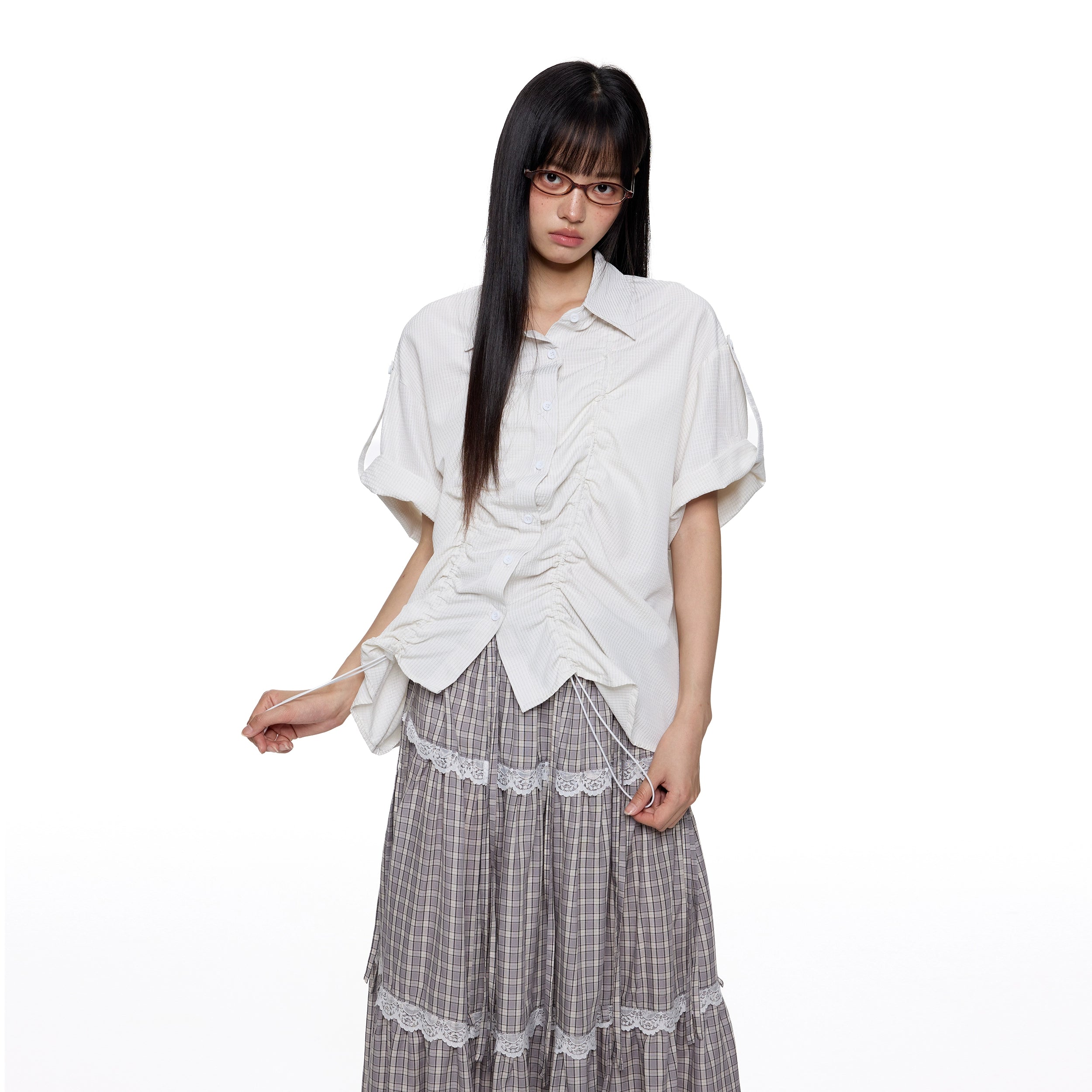 EZEK Temperament Striped Thin Front Shoulder Short Sleeve Shirt