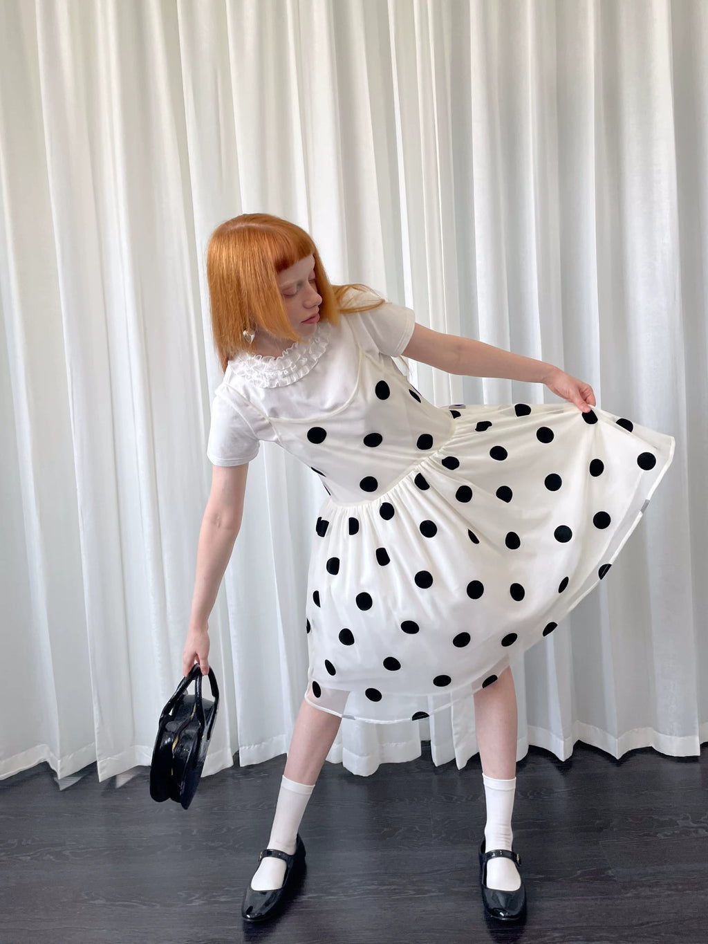 Loosesmell Splicing Pleated Dot Mesh Suspender Skirt