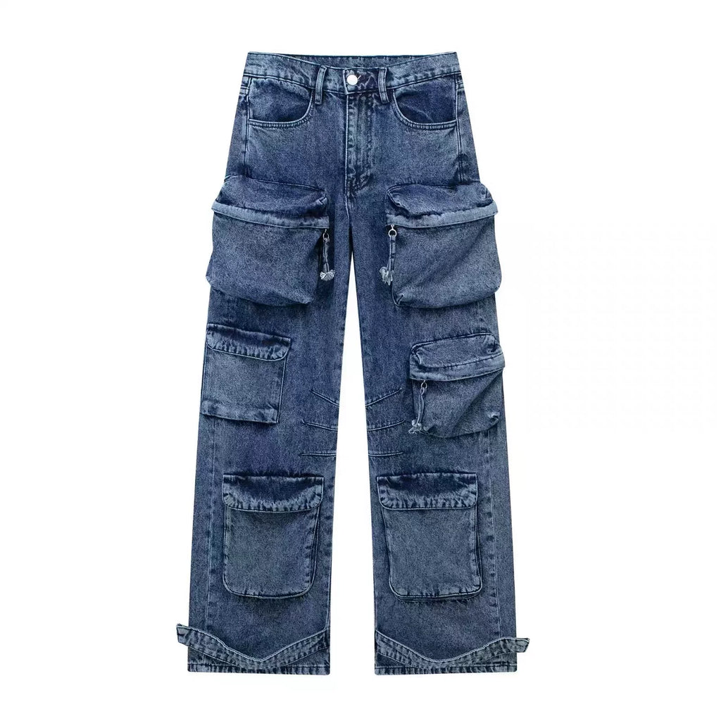 Light Weight Washed Cargo Pocket Wide-Leg Jeans
