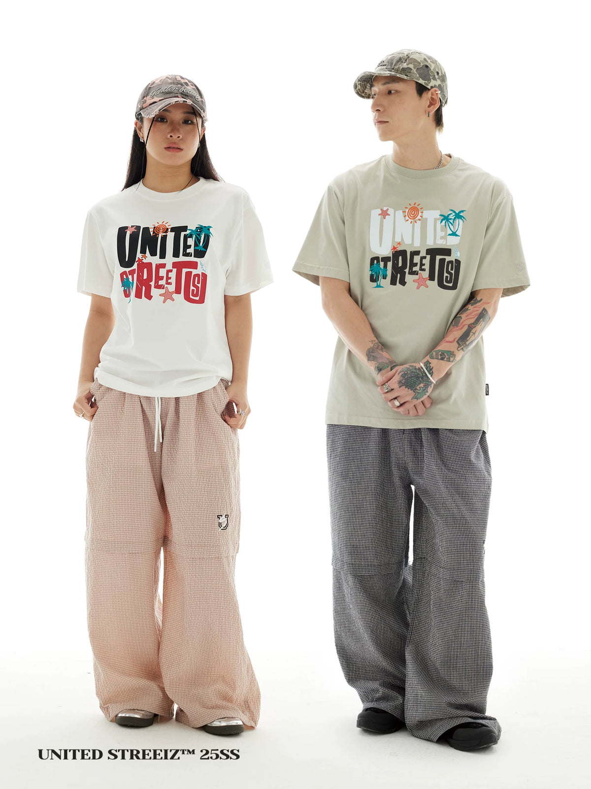 UNITED STREETZ Two-Tone Embroidered Plaid Waffle Straight-Leg Trousers