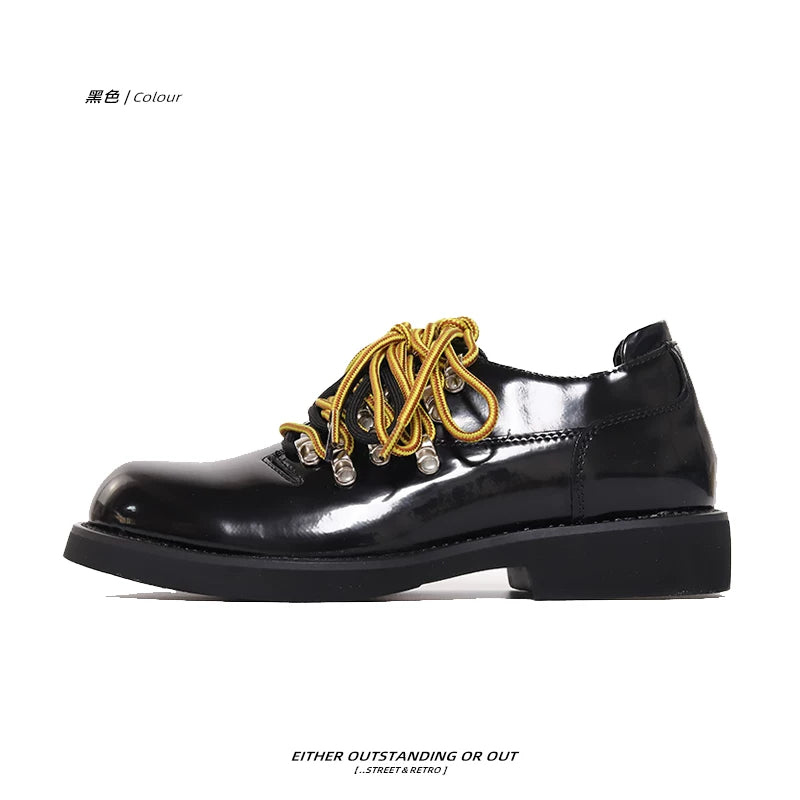 SHENLV STUDIO Patent Leather Glossy Contrasting Multi-lace Platform Leather Shoes